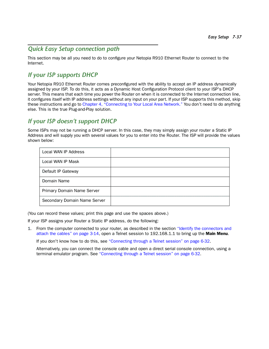 Netopia R910 manual Quick Easy Setup connection path, If your ISP supports Dhcp, If your ISP doesn’t support Dhcp 