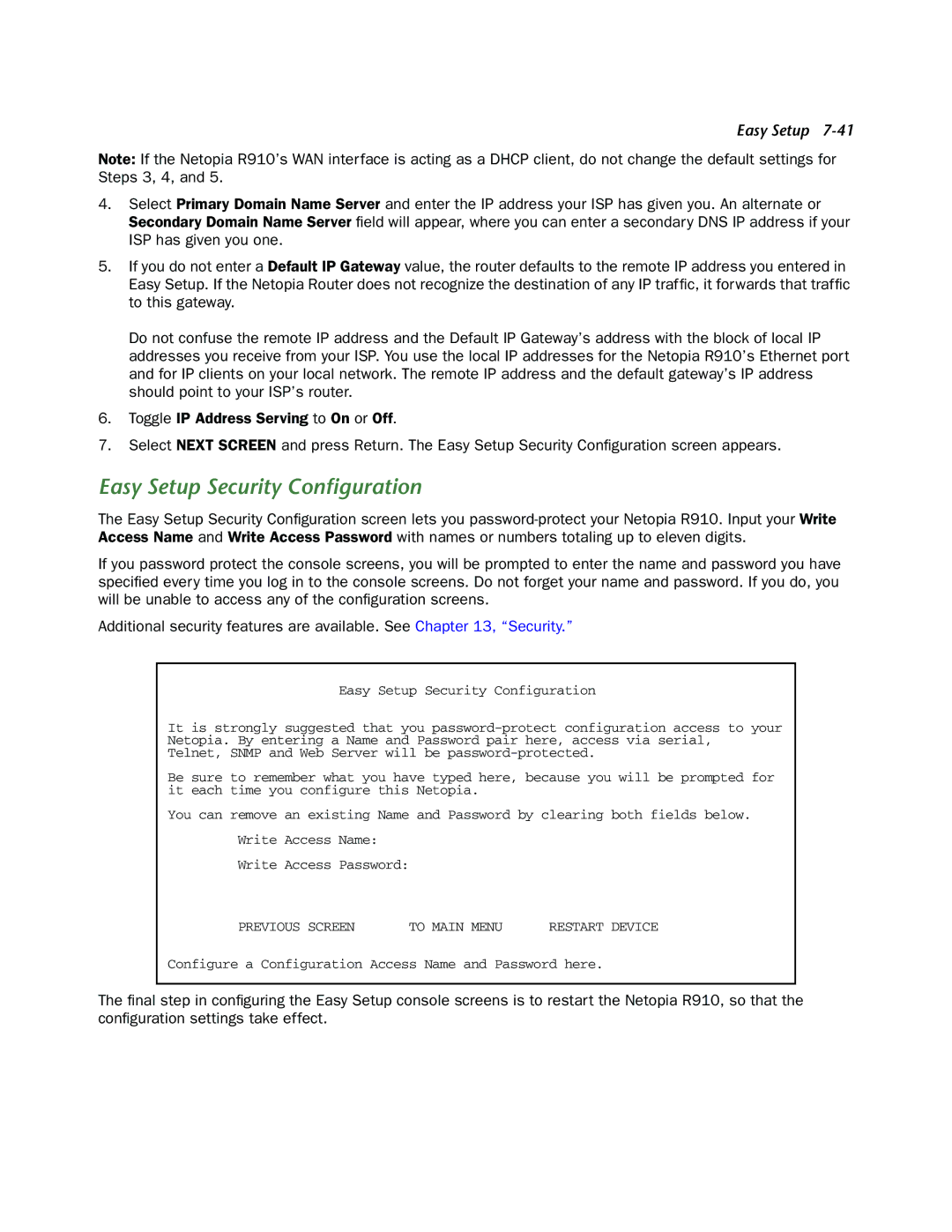 Netopia R910 manual Easy Setup Security Conﬁguration 