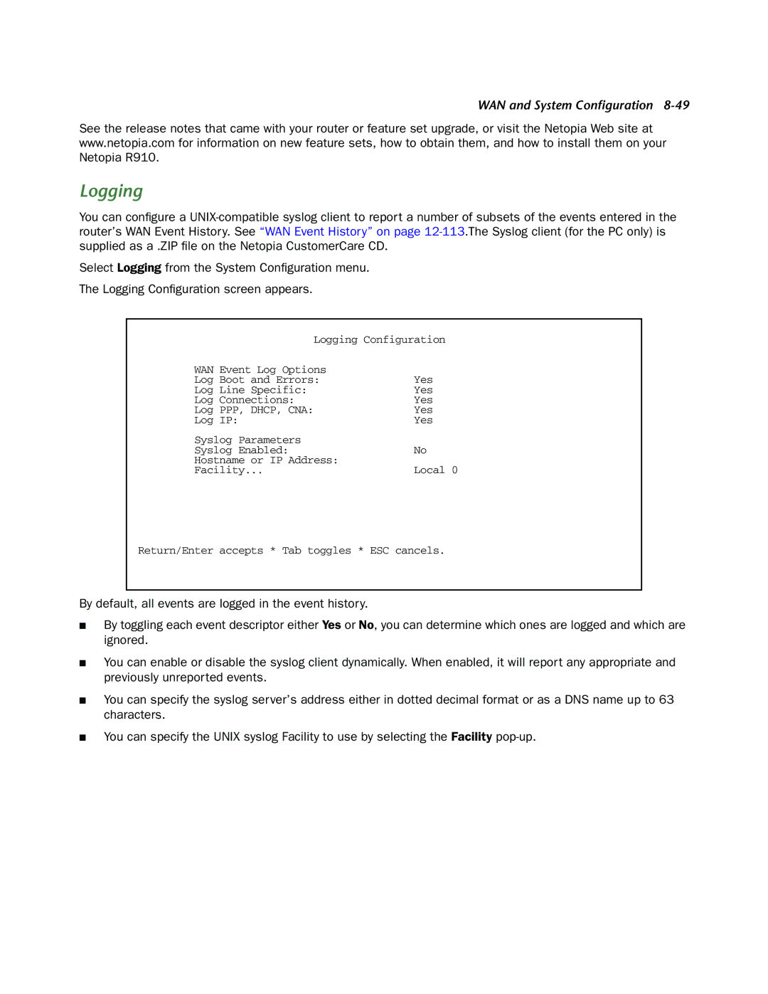 Netopia R910 manual Logging 