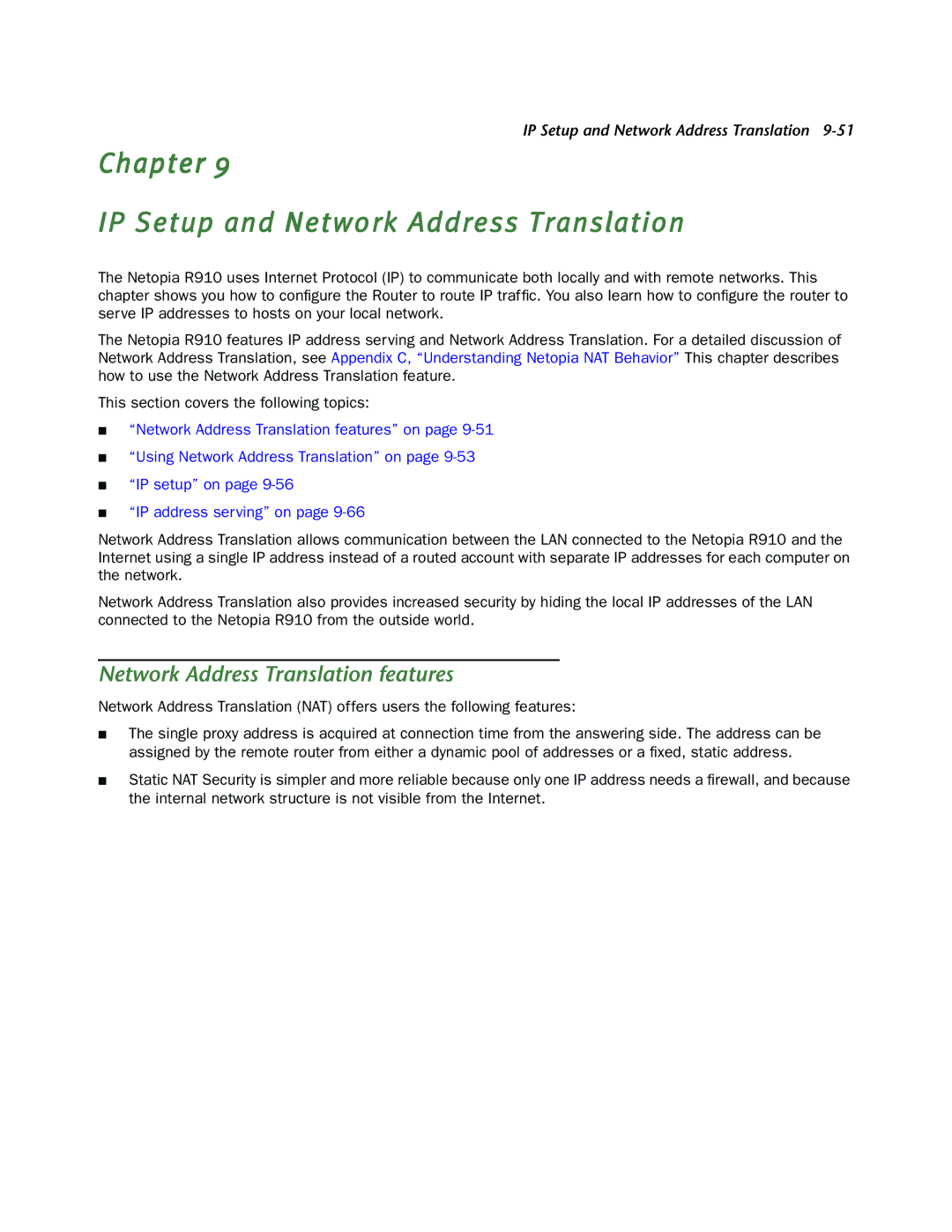 Netopia R910 manual Chapter IP Setup and Network Address Translation, Network Address Translation features 