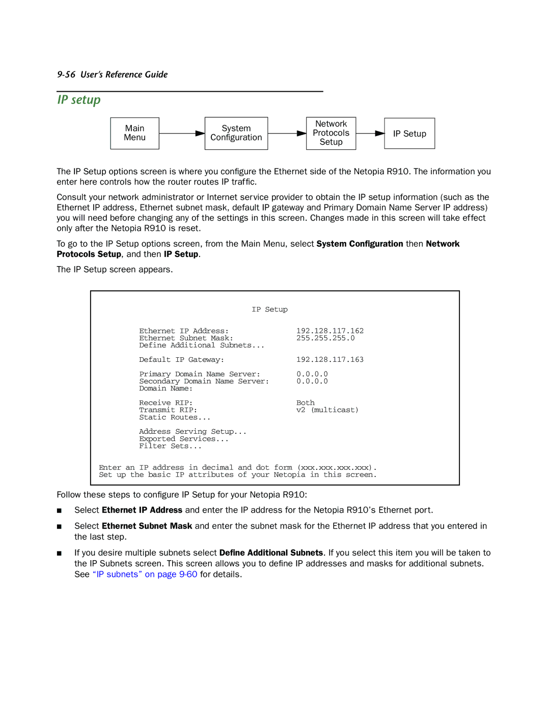 Netopia R910 manual IP Setup Ethernet IP Address 