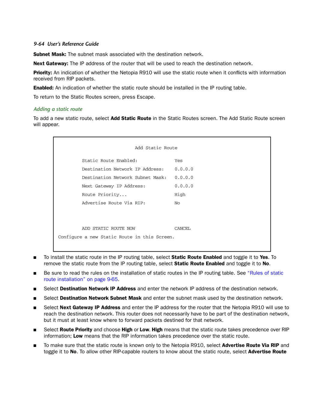 Netopia R910 manual Adding a static route 