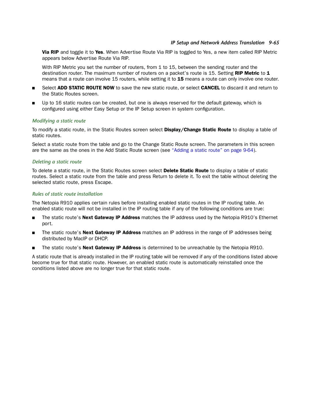 Netopia R910 manual Modifying a static route, Deleting a static route, Rules of static route installation 