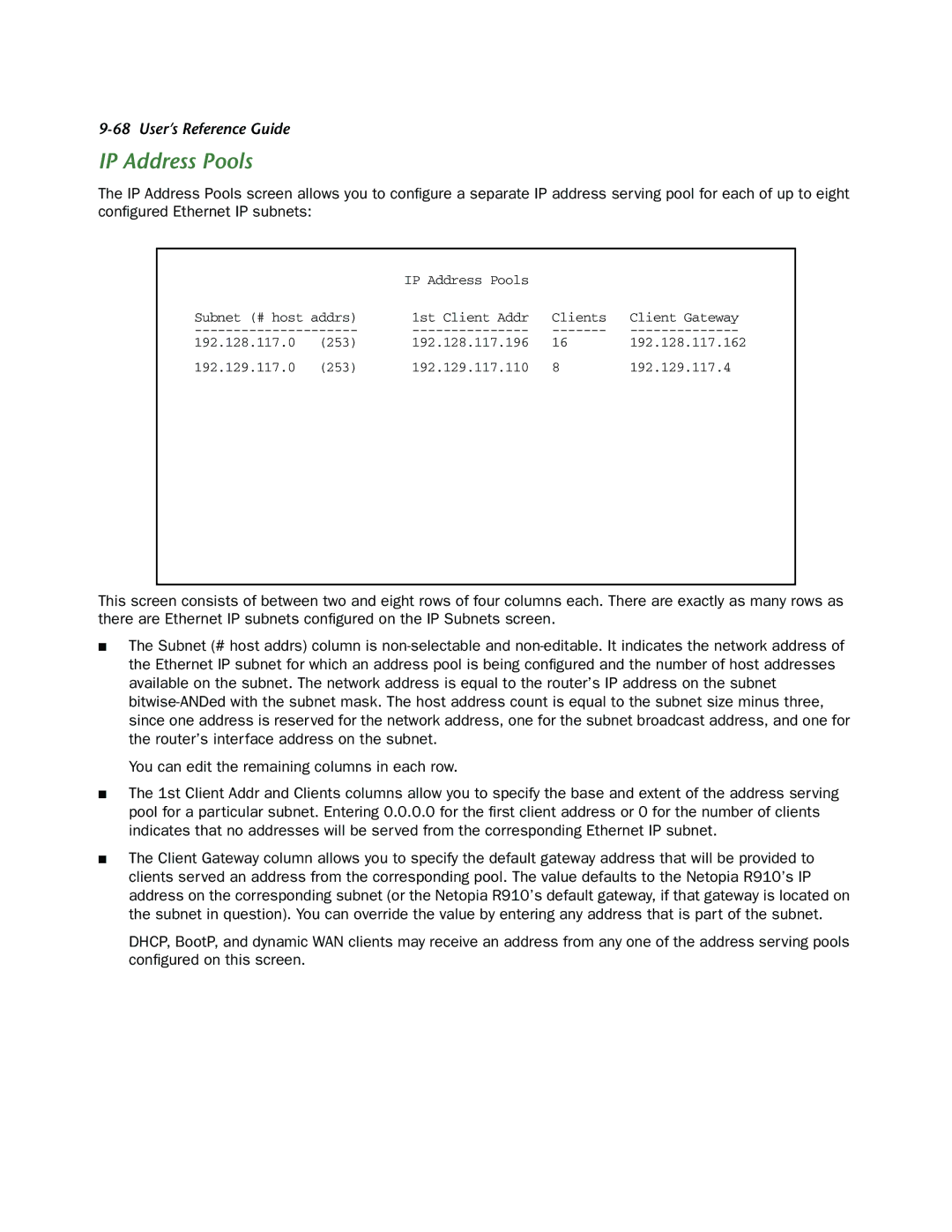 Netopia R910 manual IP Address Pools 