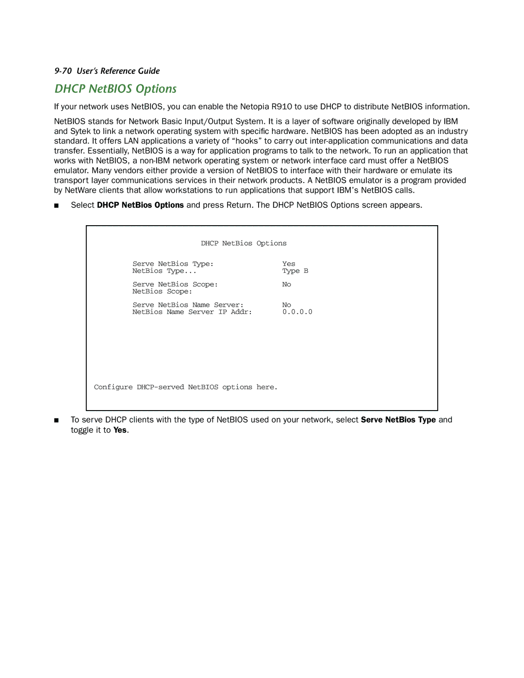 Netopia R910 manual Dhcp NetBIOS Options 