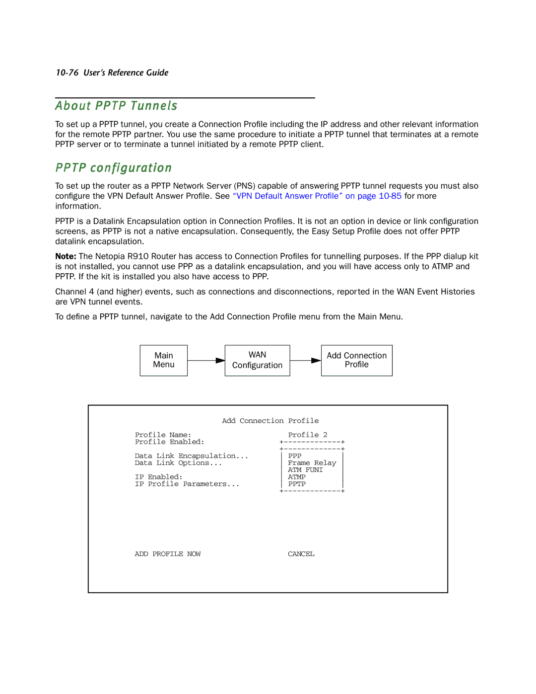 Netopia R910 manual About Pptp Tunnels, Pptp configuration, Configuration Add Connection Profile 