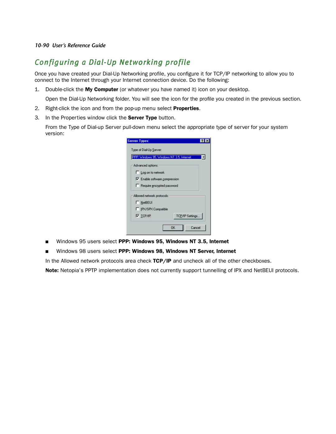 Netopia R910 manual Configuring a Dial-Up Networking profile 