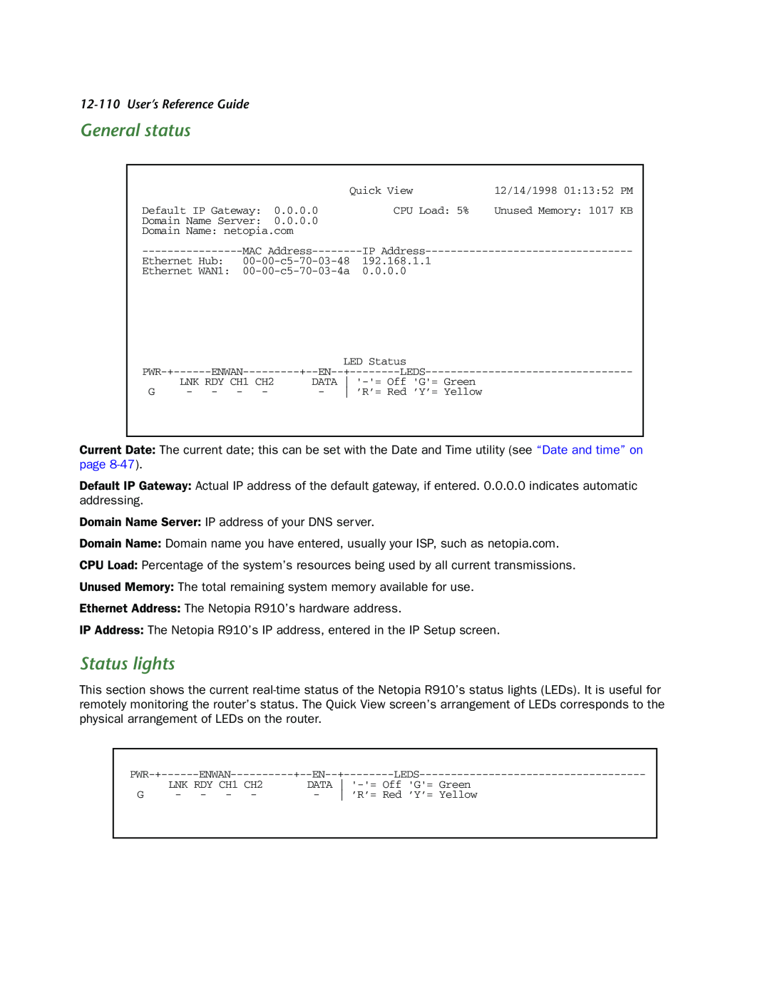 Netopia R910 manual General status, Status lights, User’s Reference Guide 