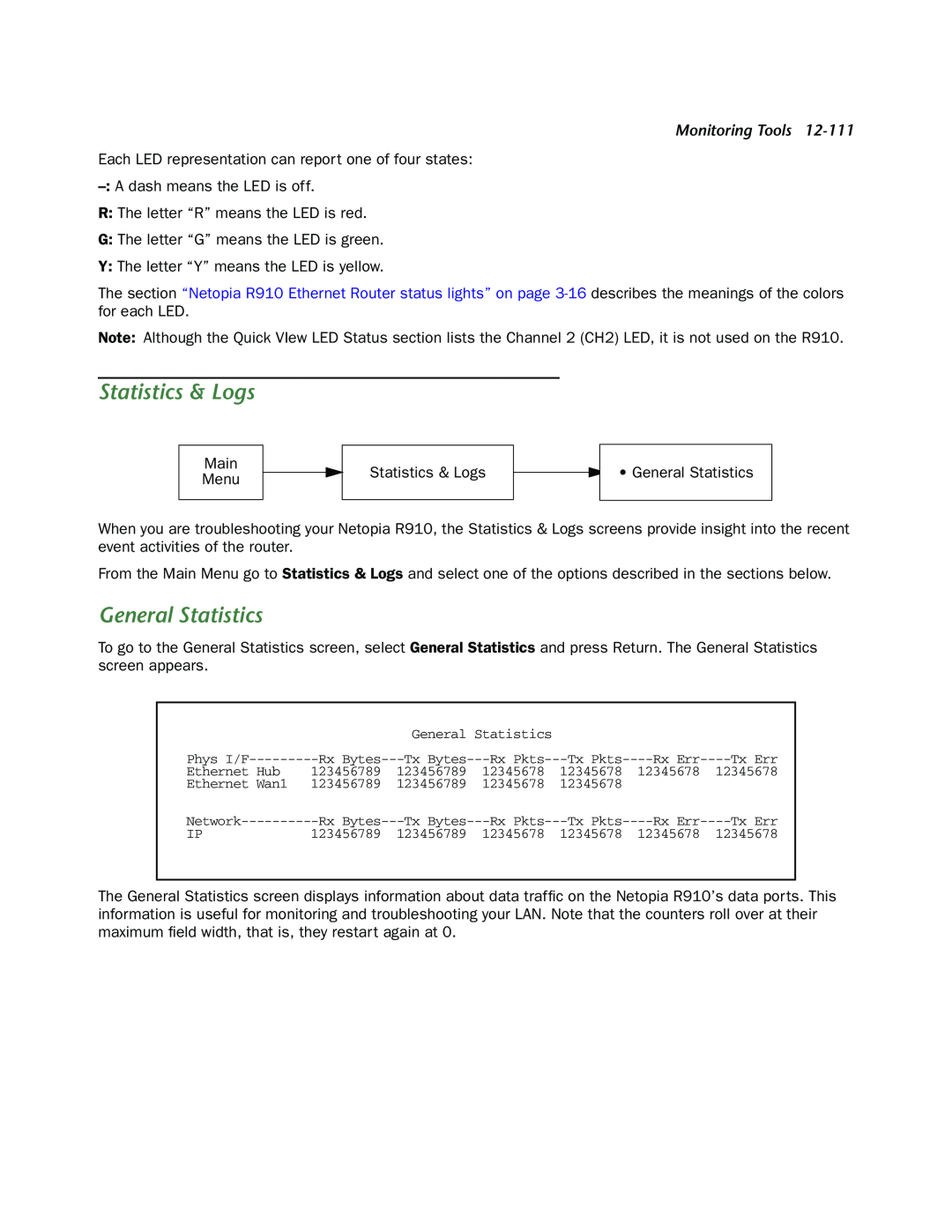 Netopia R910 manual Statistics & Logs, General Statistics, Monitoring Tools 
