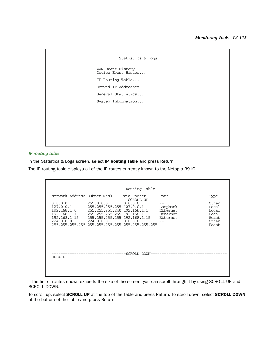 Netopia R910 manual IP routing table, Monitoring Tools 