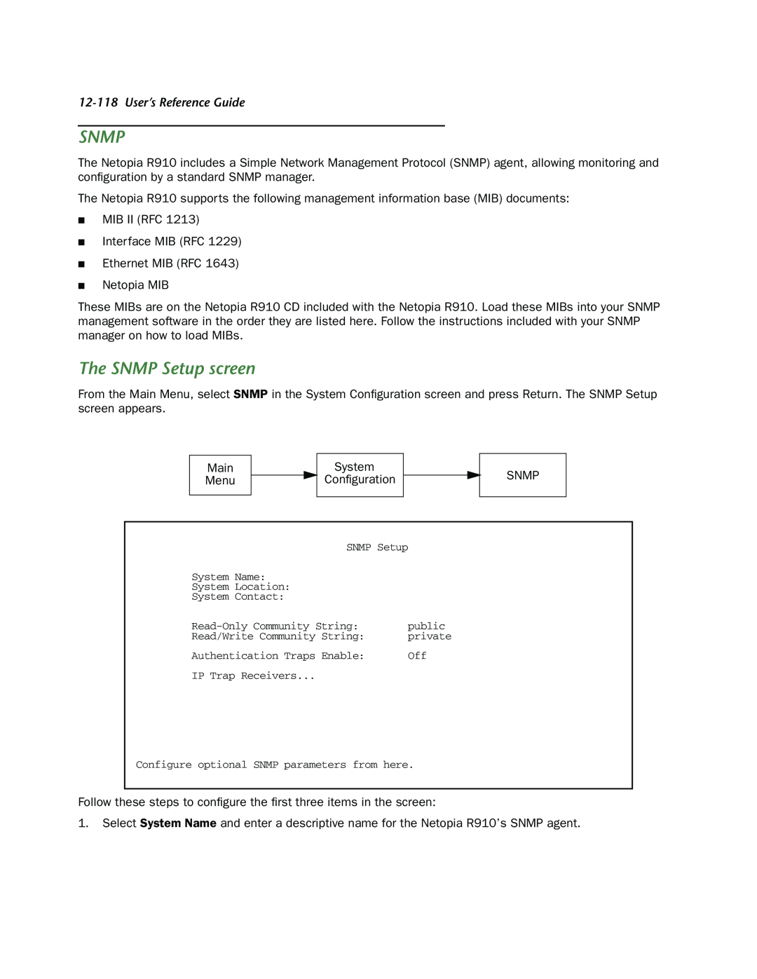 Netopia R910 manual Snmp, The SNMP Setup screen, User’s Reference Guide 