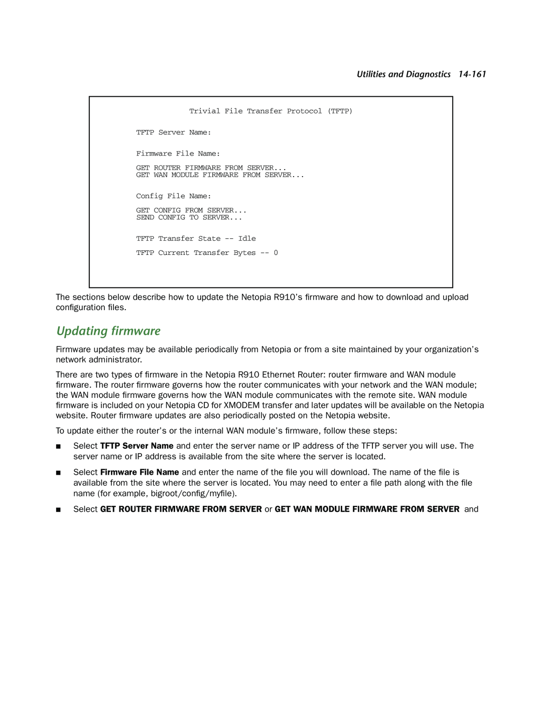 Netopia R910 manual Updating ﬁrmware, Utilities and Diagnostics, Trivial File Transfer Protocol TFTP TFTP Server Name 