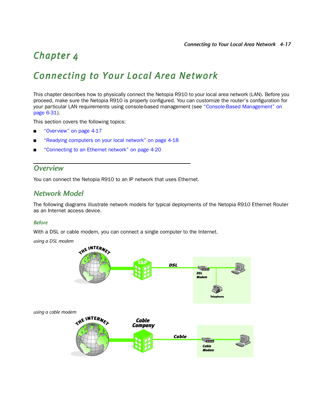 Netopia R910 Chapter Connecting to Your Local Area Network, Network Model, “Connecting to an Ethernet network” on page 