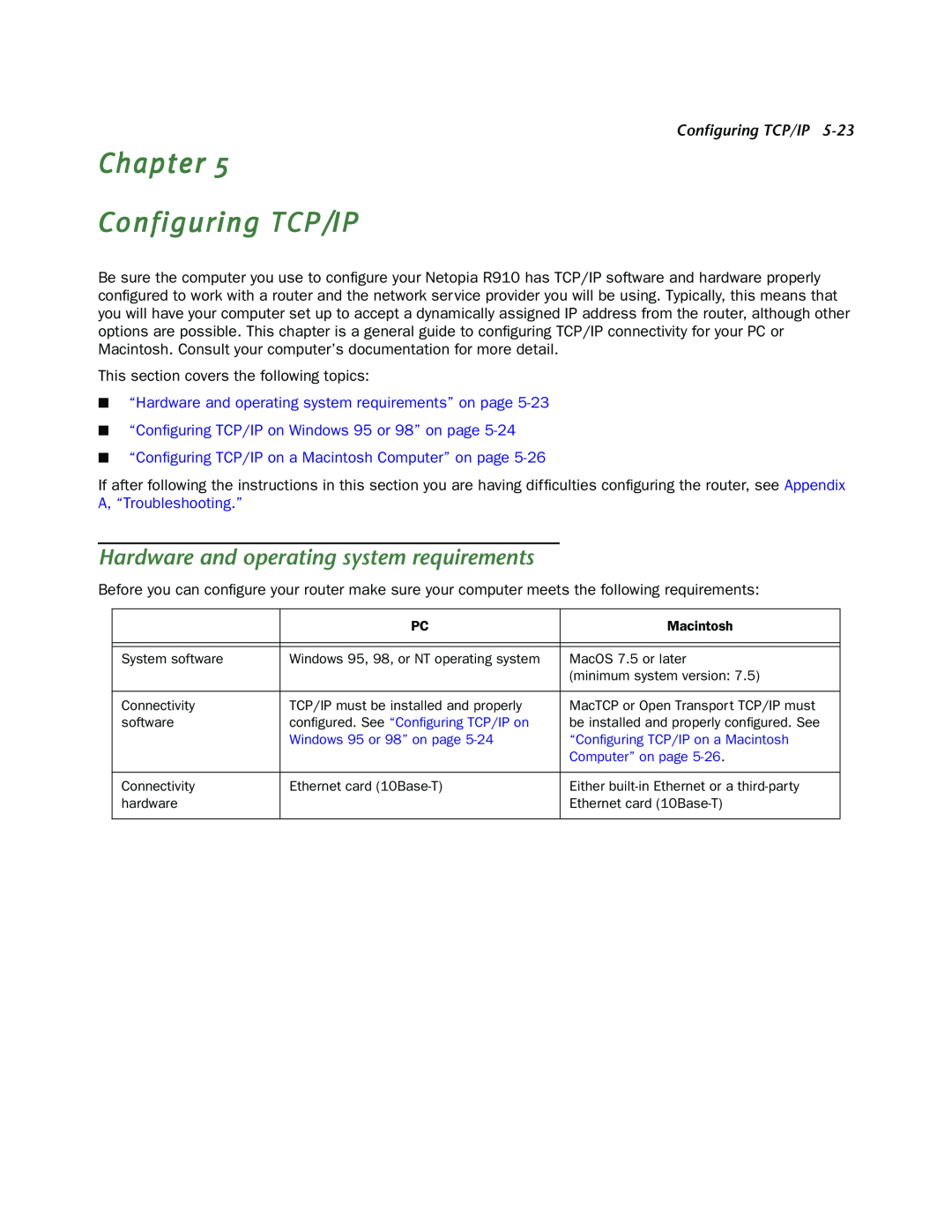 Netopia R910 manual Chapter Configuring TCP/IP, Hardware and operating system requirements, Conﬁguring TCP/IP 