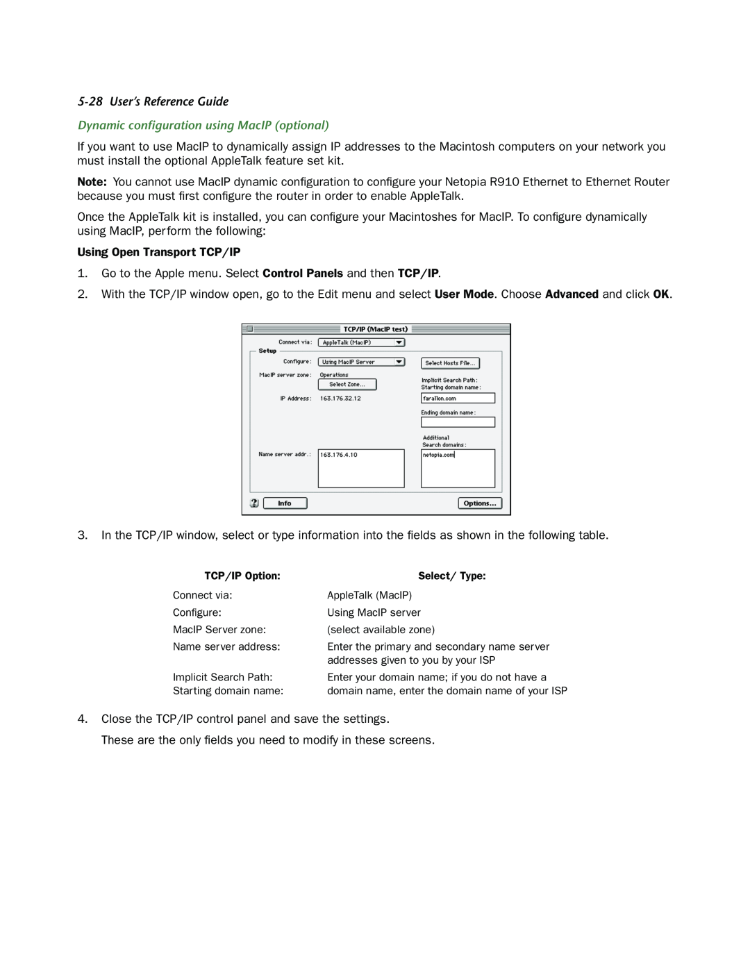 Netopia R910 manual User’s Reference Guide, Dynamic conﬁguration using MacIP optional 