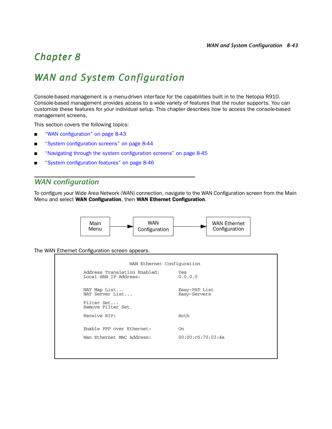 Netopia R910 manual Chapter WAN and System Configuration, WAN conﬁguration, WAN and System Conﬁguration 