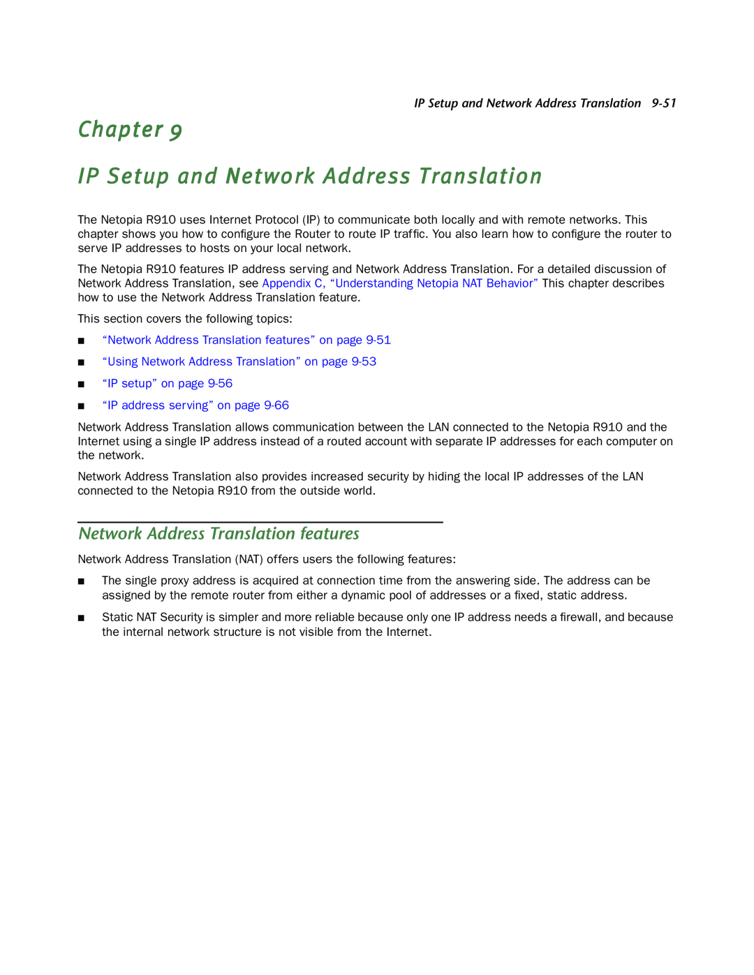 Netopia R910 manual Chapter IP Setup and Network Address Translation, Network Address Translation features 