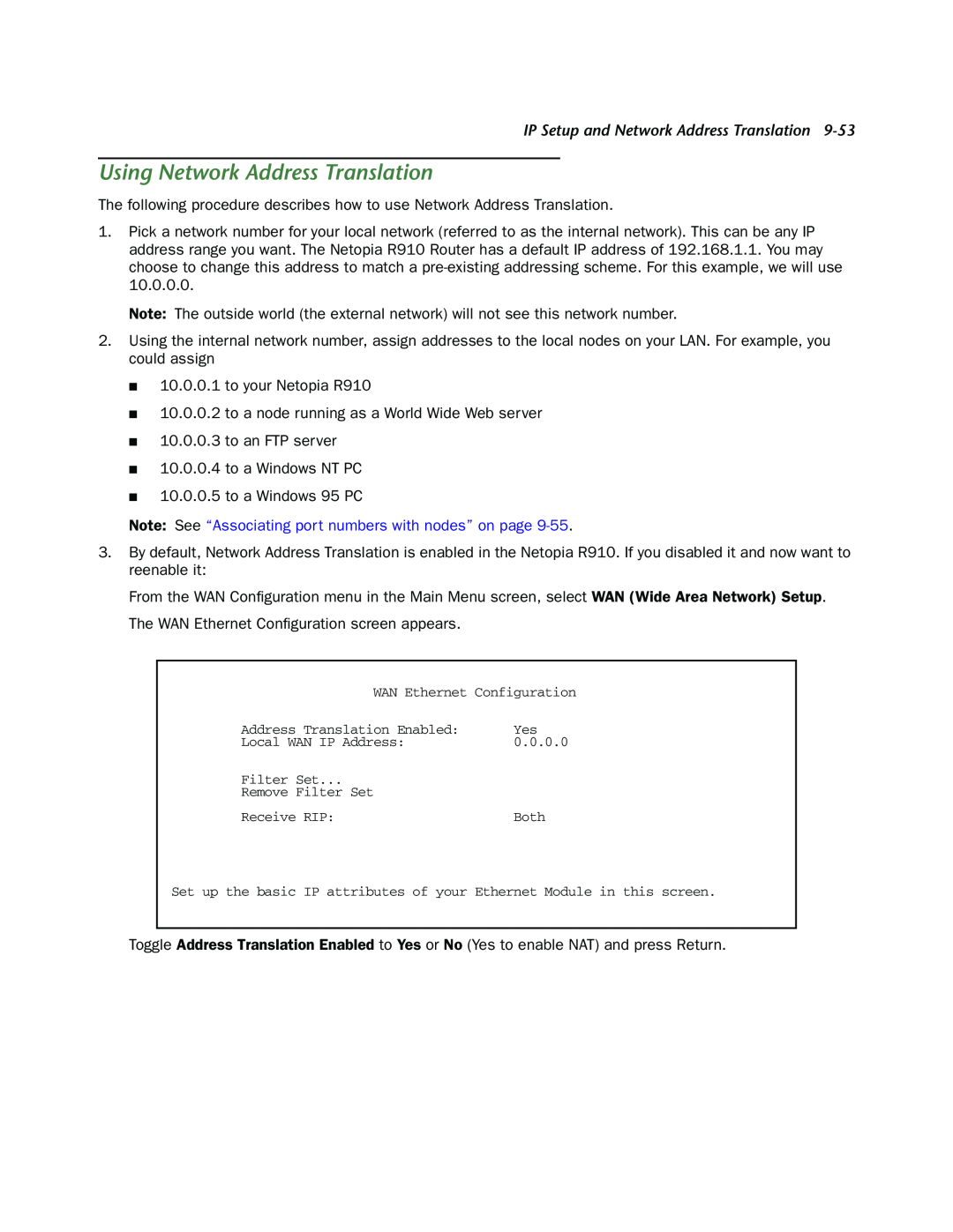 Netopia R910 manual Using Network Address Translation, Note See “Associating port numbers with nodes” on page 