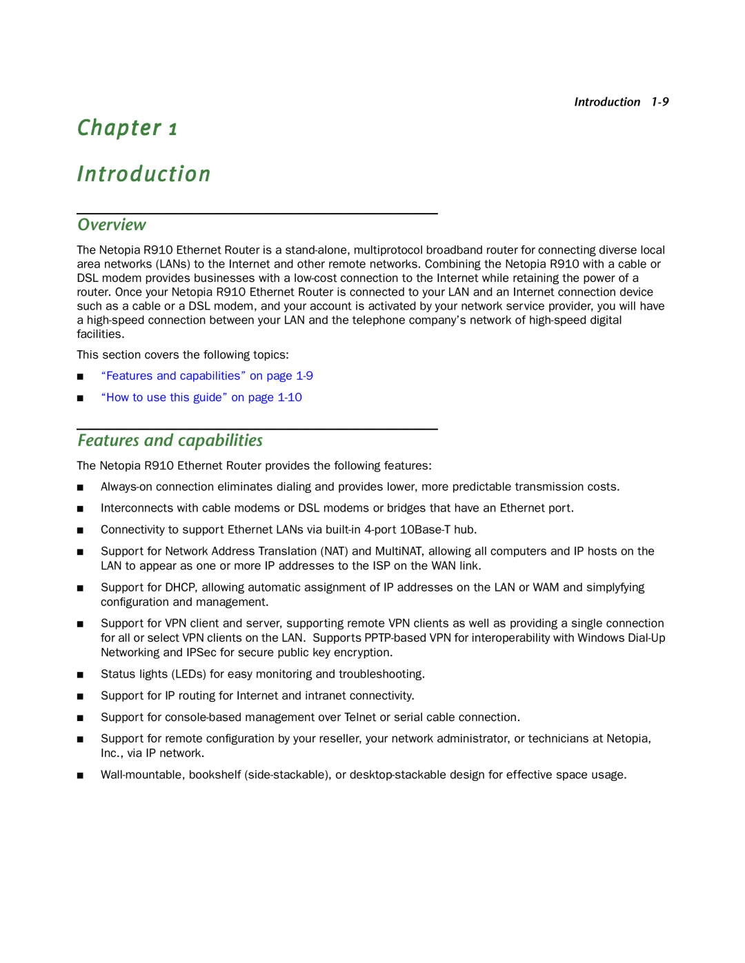 Netopia R910 manual Chapter Introduction, Overview, Features and capabilities 