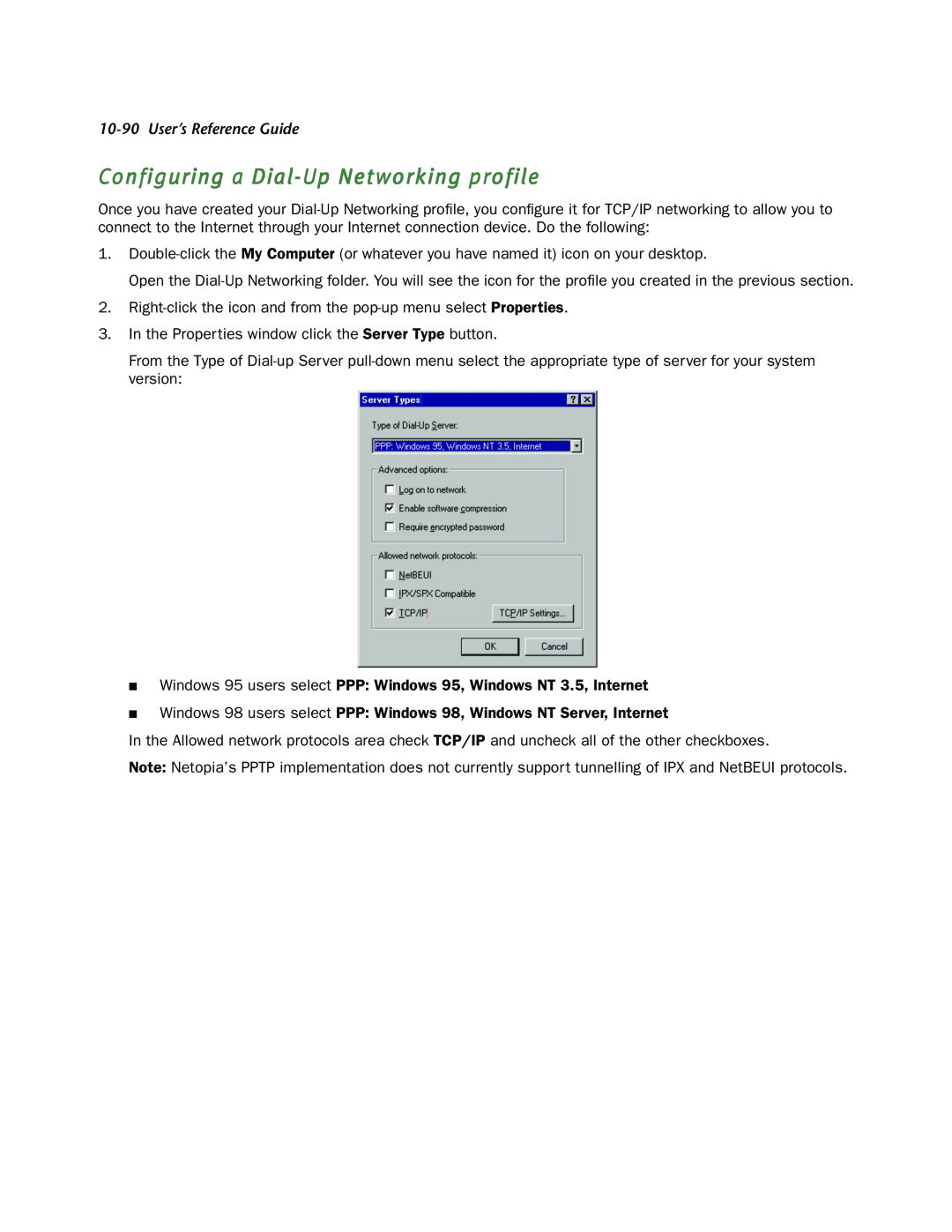 Netopia R910 manual Configuring a Dial-Up Networking profile, User’s Reference Guide 