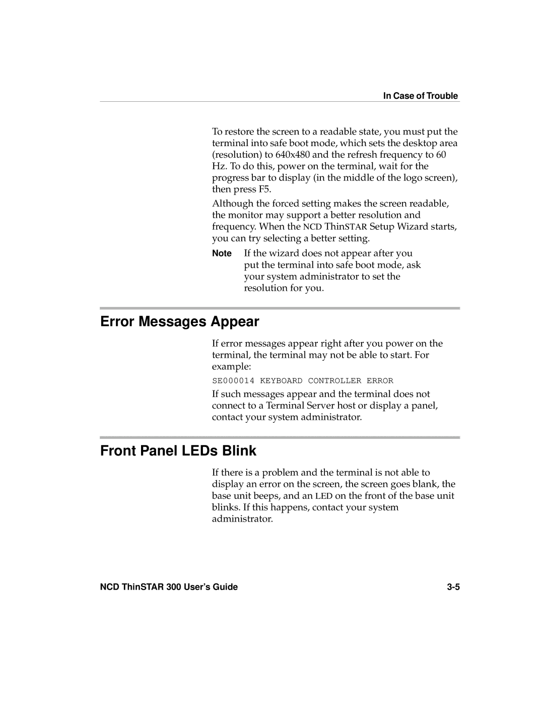 Network Computing Devices 300 manual Error Messages Appear, Front Panel LEDs Blink 