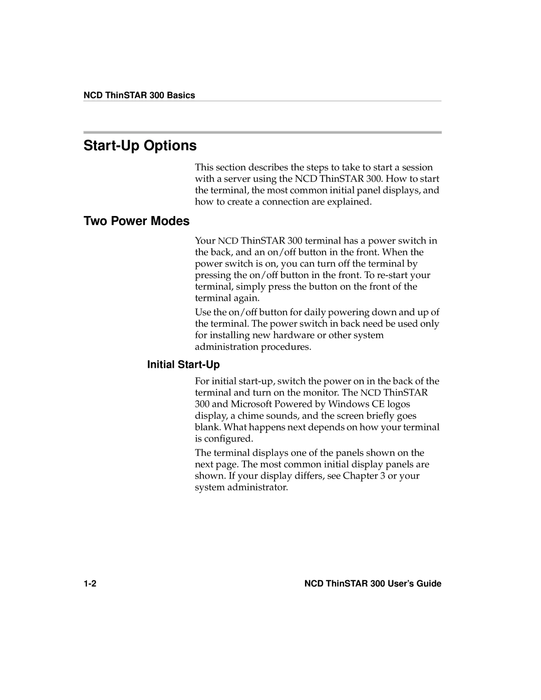 Network Computing Devices manual Start-Up Options, Two Power Modes, Initial Start-Up, NCD ThinSTAR 300 Basics 