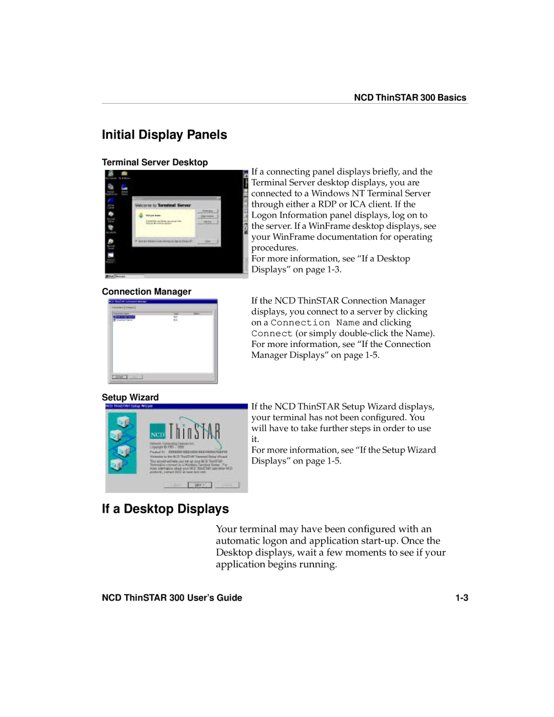 Network Computing Devices 300 Initial Display Panels, If a Desktop Displays, Terminal Server Desktop, Connection Manager 