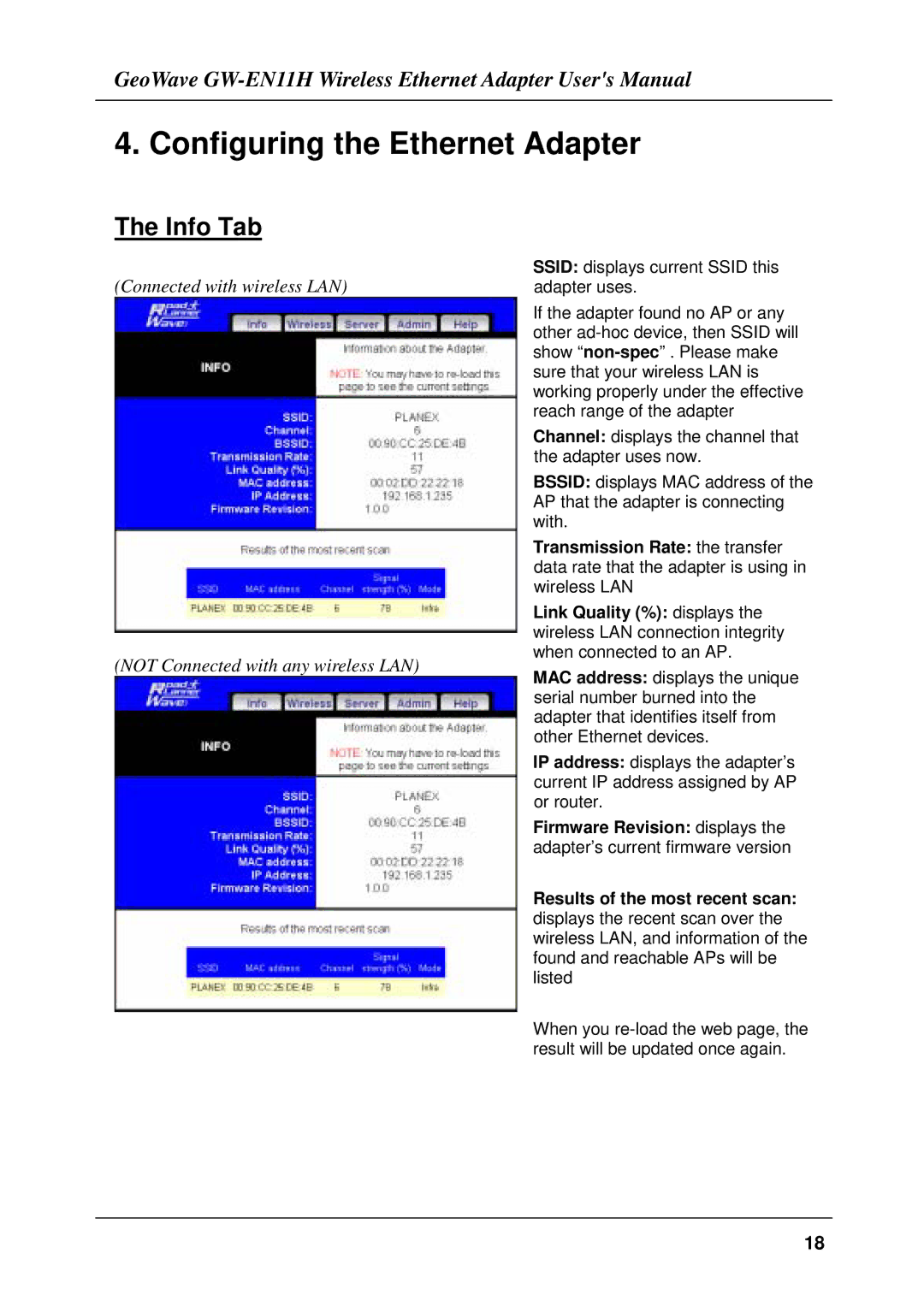 Network Computing Devices GW-EN11H user manual Configuring the Ethernet Adapter, Info Tab 