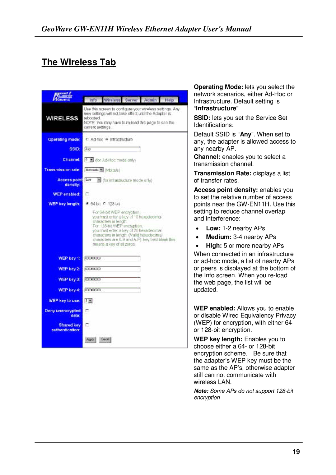 Network Computing Devices GW-EN11H user manual Wireless Tab 