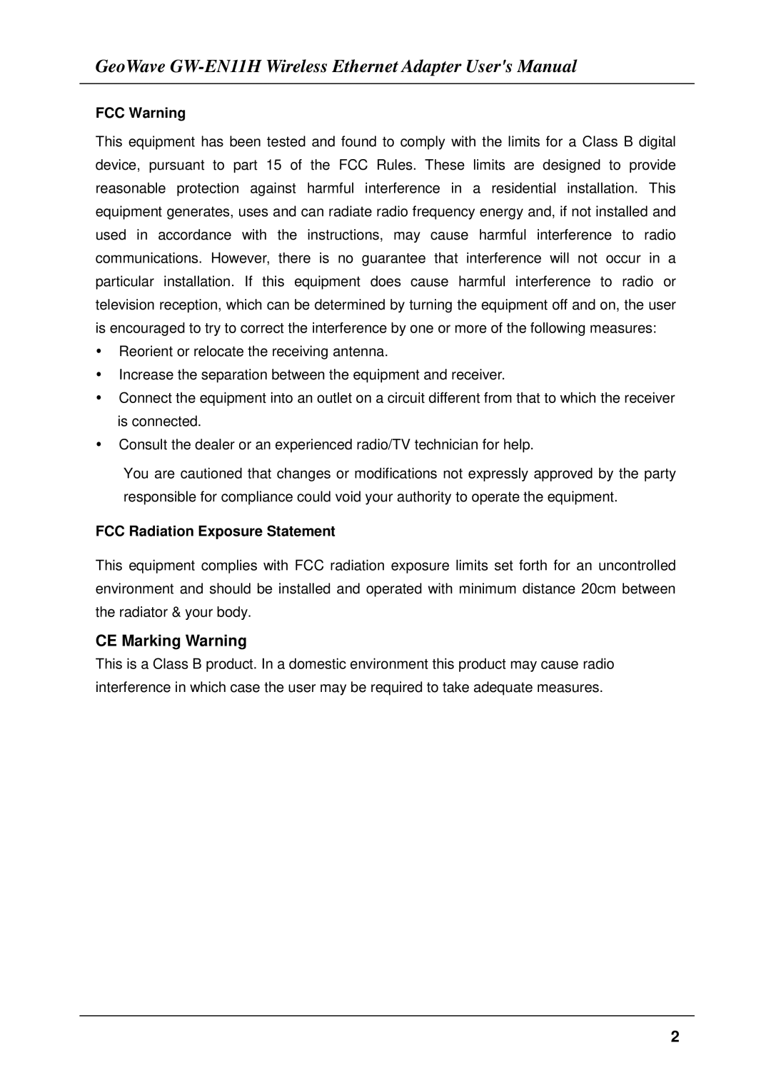 Network Computing Devices GW-EN11H user manual CE Marking Warning 