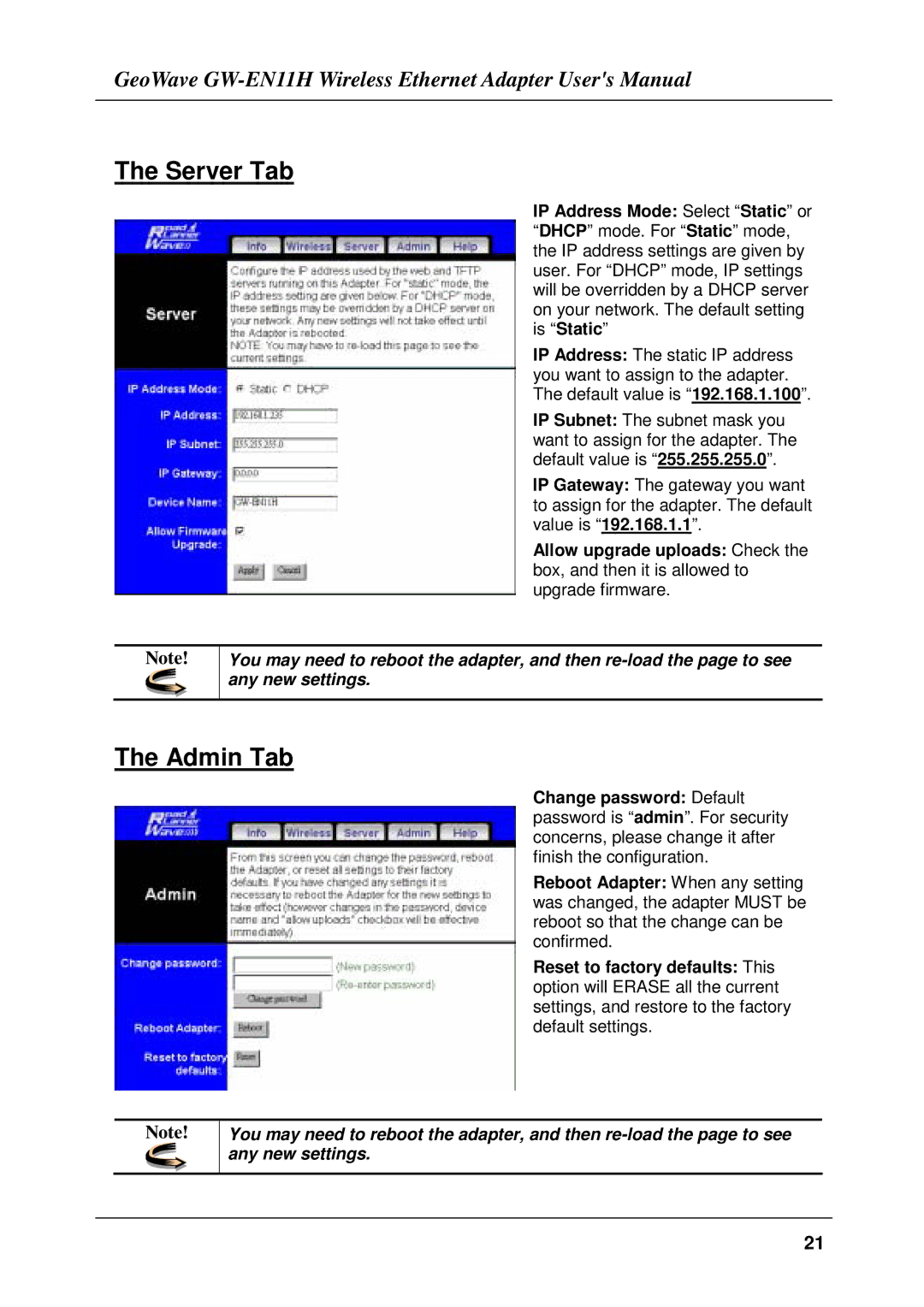 Network Computing Devices GW-EN11H user manual Server Tab, Admin Tab 