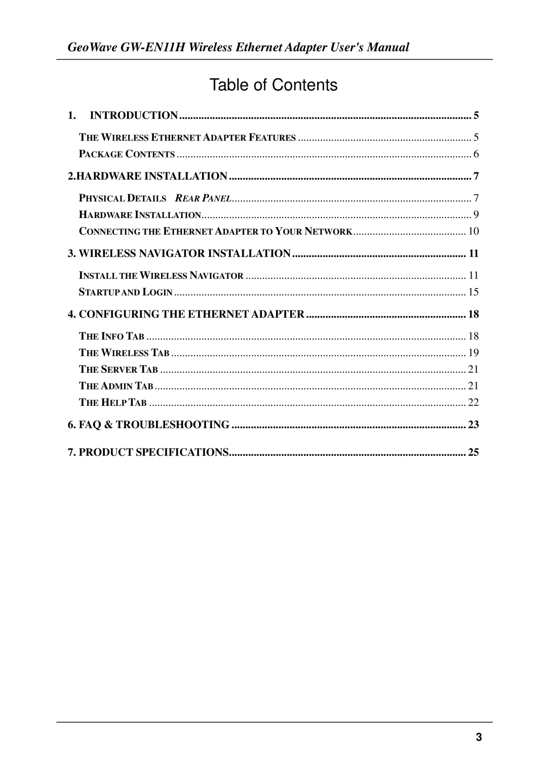 Network Computing Devices GW-EN11H user manual Table of Contents 