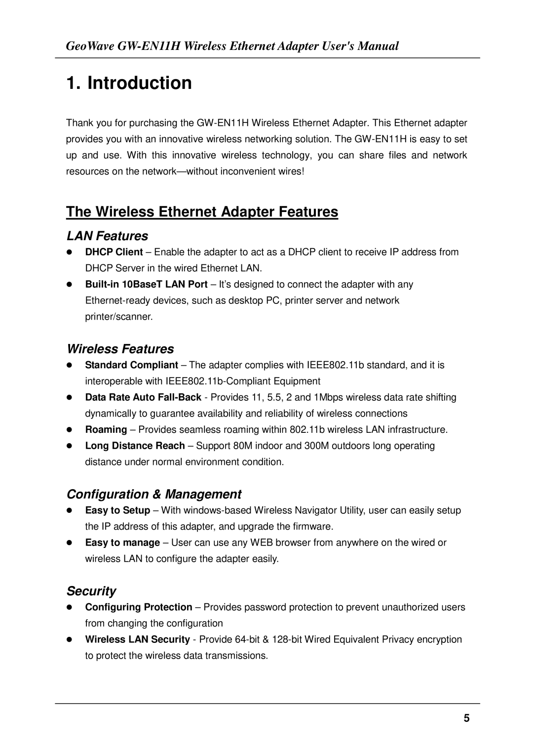 Network Computing Devices GW-EN11H user manual Introduction, Wireless Ethernet Adapter Features 