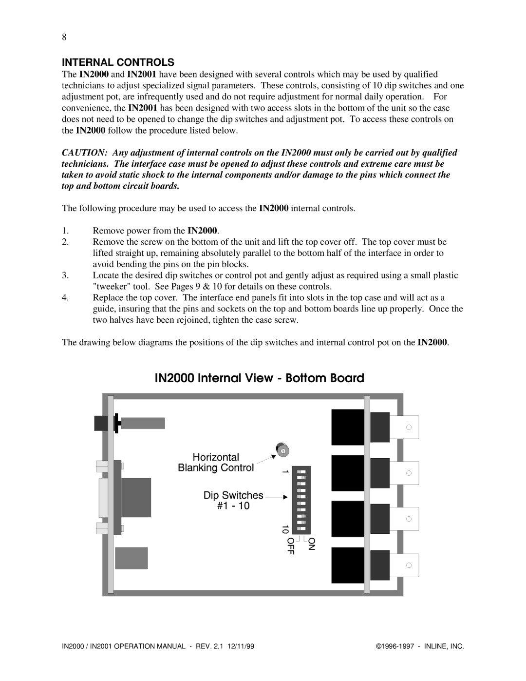 Network Computing Devices IN2001 operation manual IN2000 Internal View Bottom Board, Internal Controls 