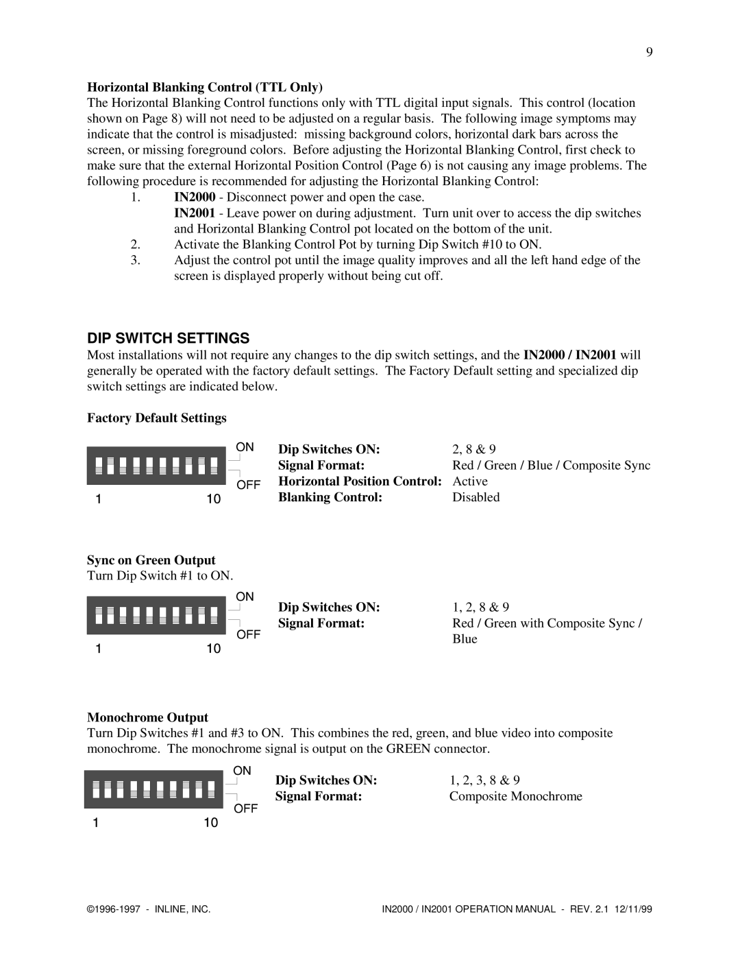 Network Computing Devices IN2001 DIP Switch Settings, Horizontal Blanking Control TTL Only, Dip Switches on Signal Format 