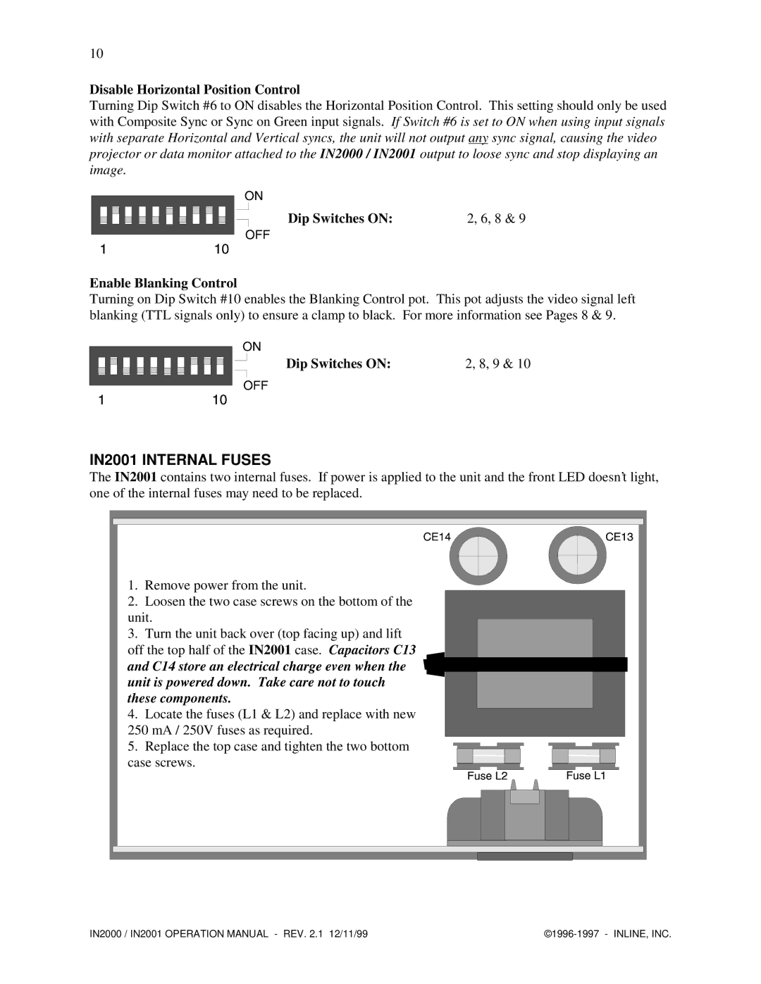 Network Computing Devices IN2000 operation manual IN2001 Internal Fuses, Disable Horizontal Position Control 