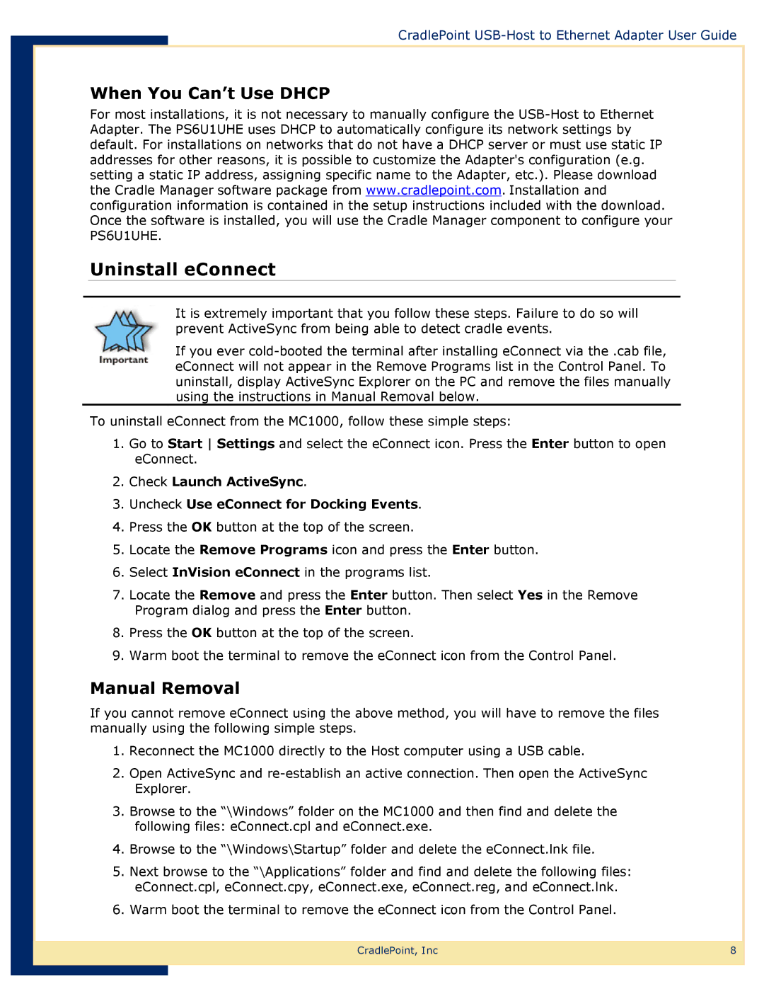 Network Computing Devices PS6U1UHE manual Uninstall eConnect, When You Can’t Use Dhcp, Manual Removal 