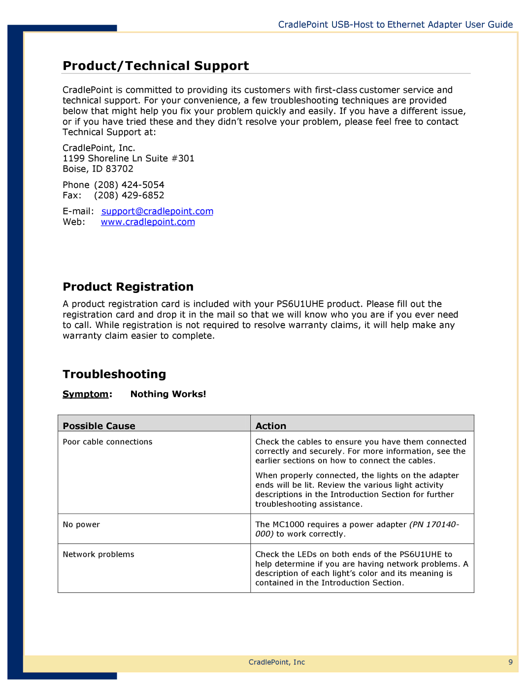 Network Computing Devices PS6U1UHE manual Product/Technical Support, Product Registration, Troubleshooting 