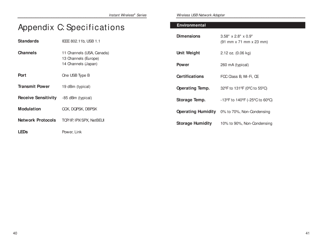 Network Computing Devices WUSB11 manual Appendix C Specifications, Environmental 