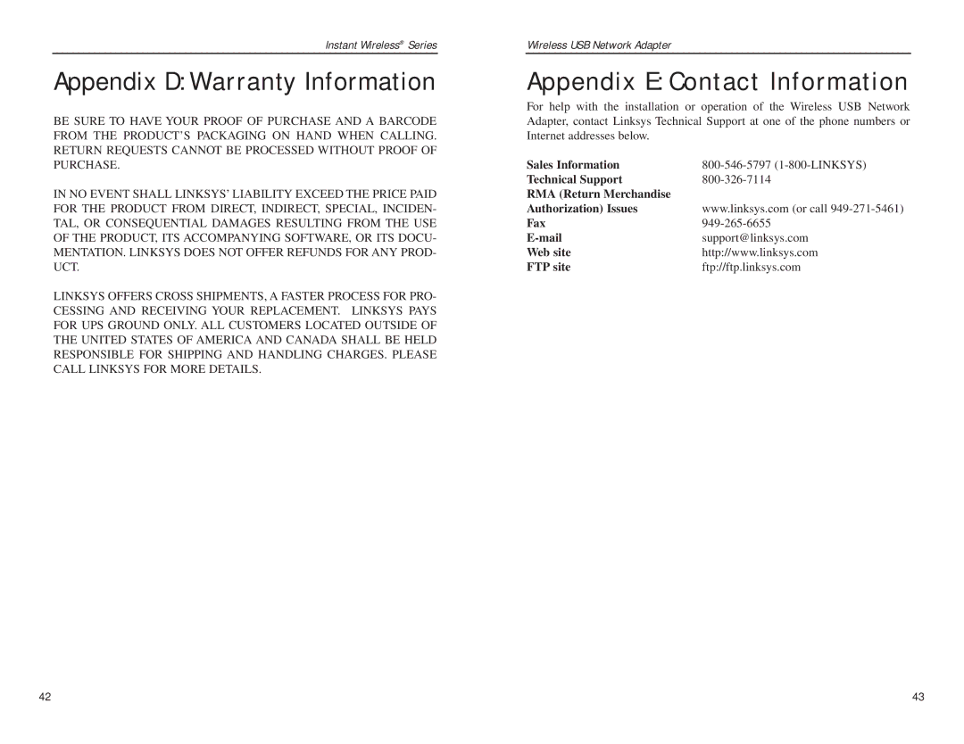 Network Computing Devices WUSB11 manual Appendix D Warranty Information, Appendix E Contact Information 