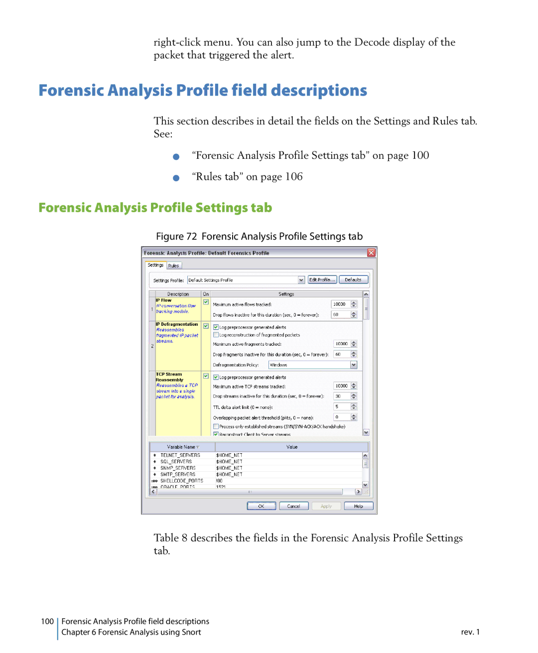 Network Instruments 114ff manual Forensic Analysis Profile field descriptions, Forensic Analysis Profile Settings tab 