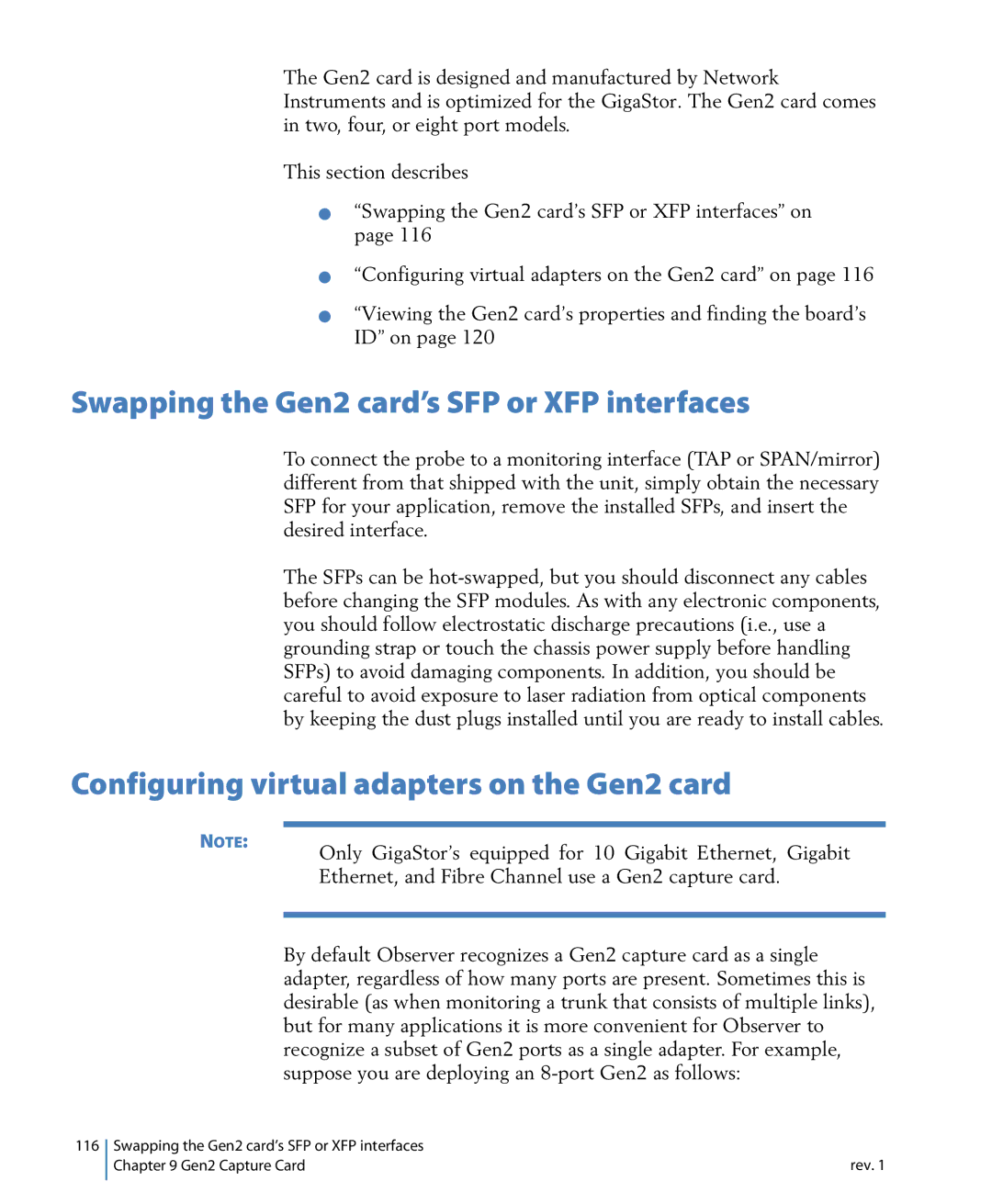 Network Instruments 114ff Swapping the Gen2 card’s SFP or XFP interfaces, Configuring virtual adapters on the Gen2 card 