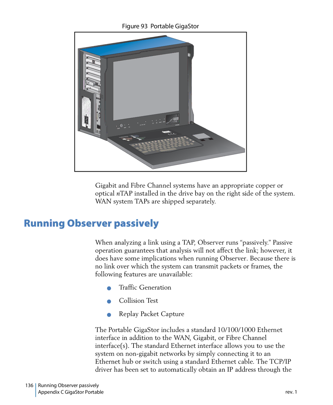 Network Instruments 114ff manual Running Observer passively, Portable GigaStor 