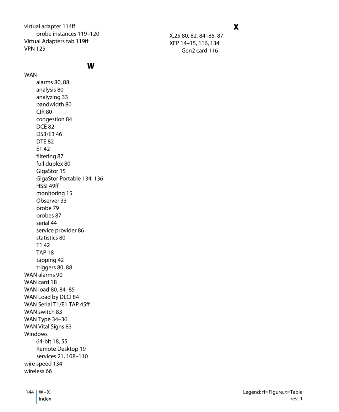 Network Instruments 114ff manual Wan, 25 80, 82, 84-85 XFP 14-15, 116 Gen2 card 