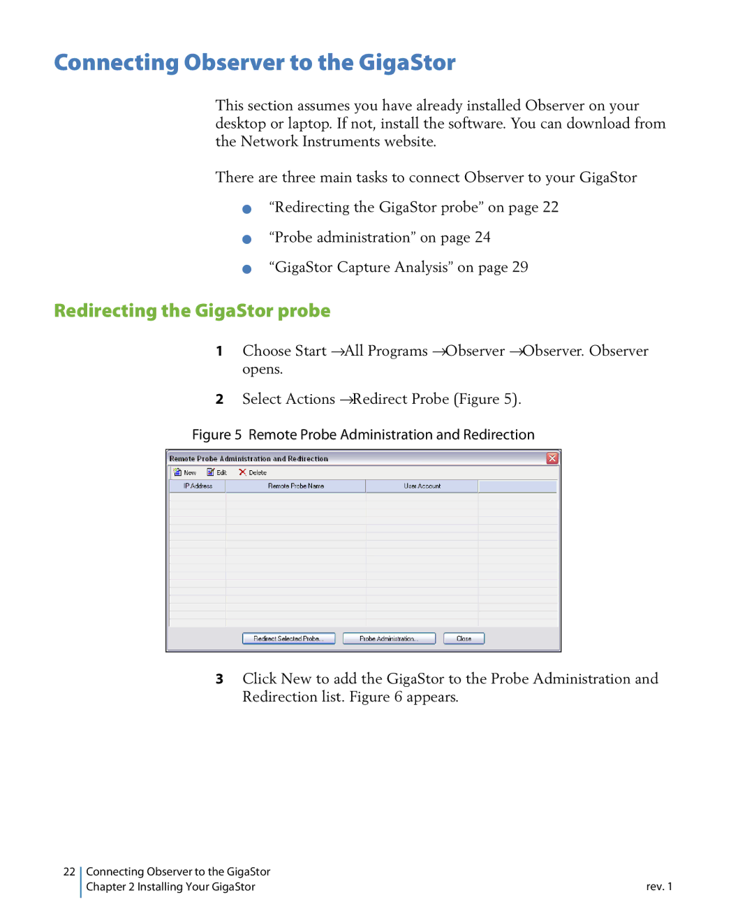 Network Instruments 114ff manual Connecting Observer to the GigaStor, Redirecting the GigaStor probe 