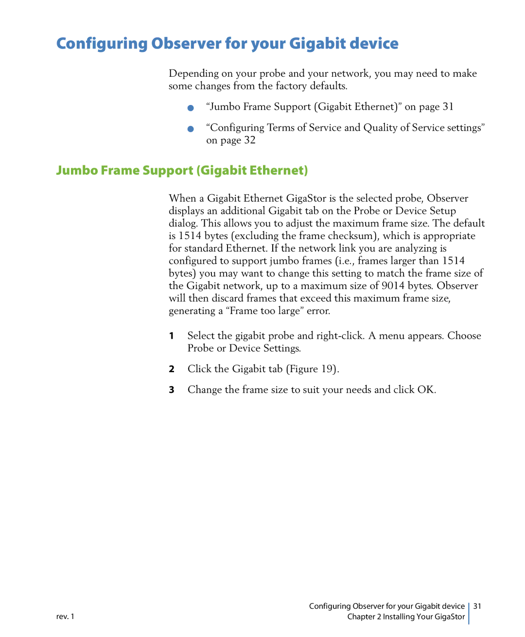 Network Instruments 114ff manual Configuring Observer for your Gigabit device, Jumbo Frame Support Gigabit Ethernet 