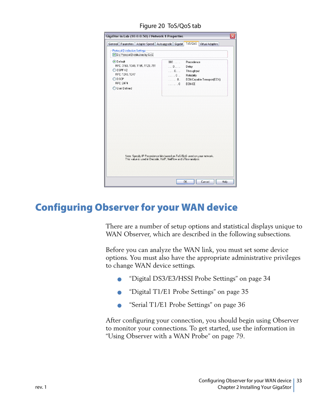 Network Instruments 114ff manual Configuring Observer for your WAN device, ToS/QoS tab 