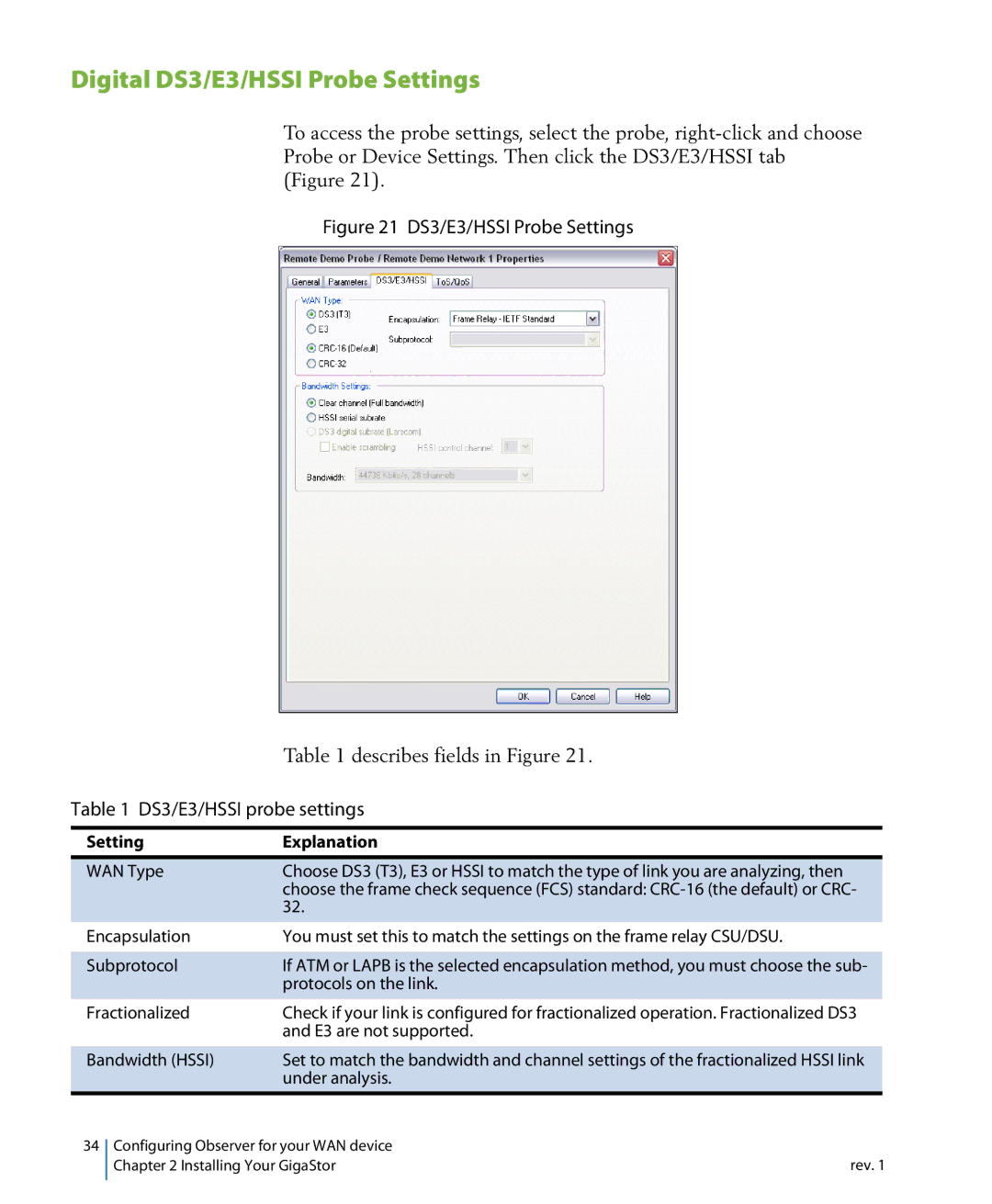 Network Instruments 114ff manual Digital DS3/E3/HSSI Probe Settings 