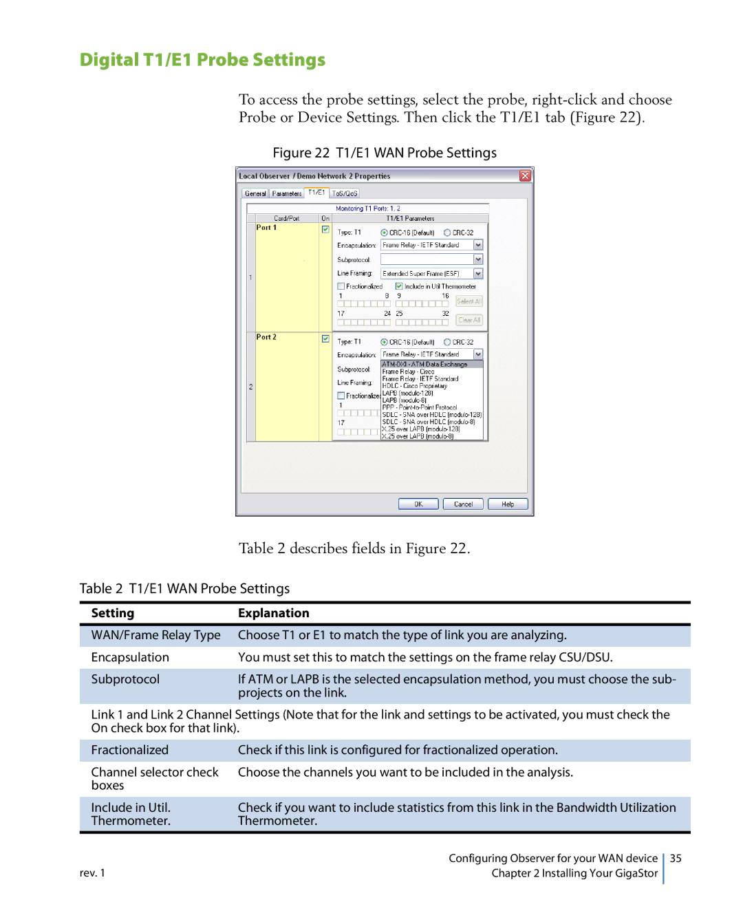 Network Instruments 114ff manual Digital T1/E1 Probe Settings, Projects on the link, Thermometer 