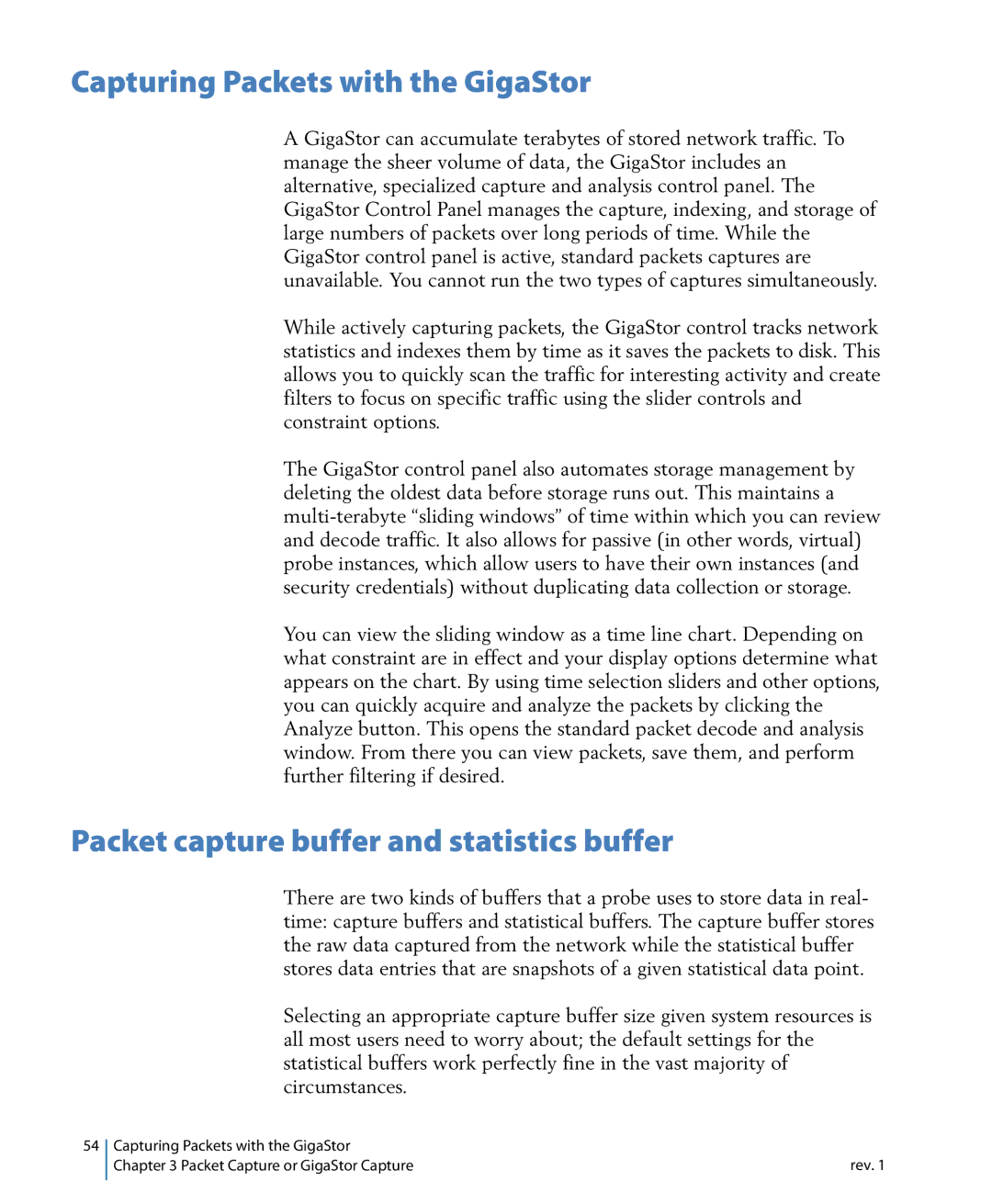 Network Instruments 114ff manual Capturing Packets with the GigaStor, Packet capture buffer and statistics buffer 